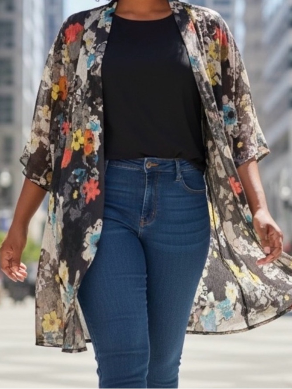 Ali Miles sheer cardigan. Size Petite Large.  Multicolored florals on bl…